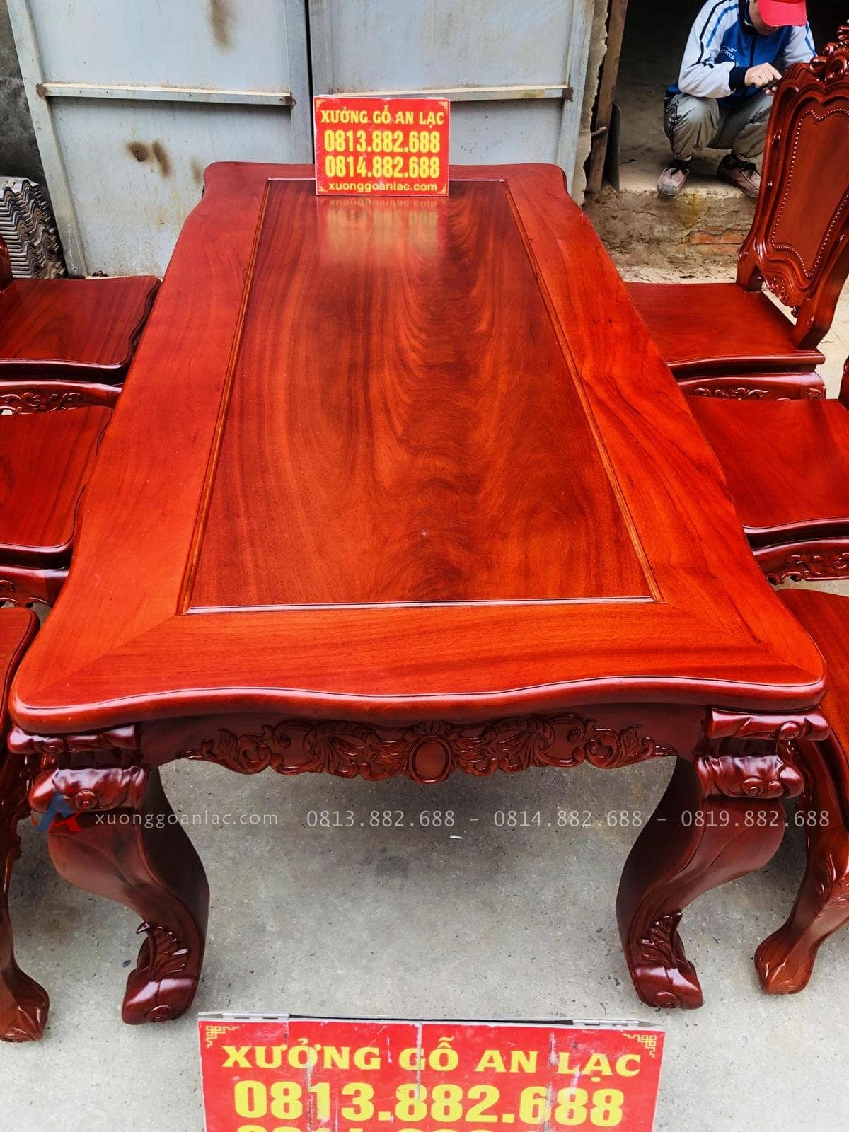 Bộ bàn ăn Louis 6 ghế gỗ gõ đỏ (Anh Hoàng, Thái Bình) 21 bàn ăn chữ nhật khung ván