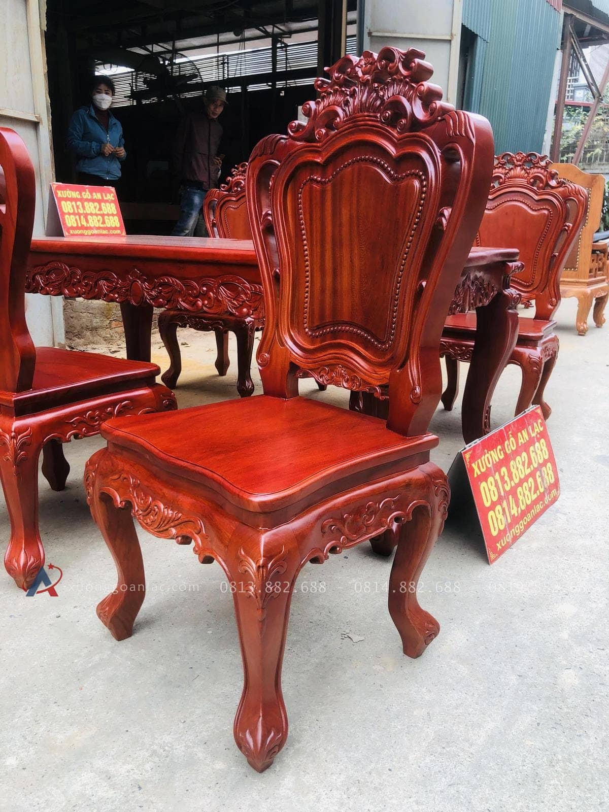 Bộ bàn ăn Louis 6 ghế gỗ gõ đỏ (Anh Hoàng, Thái Bình) 24 ghế ăn lưng cao không tay