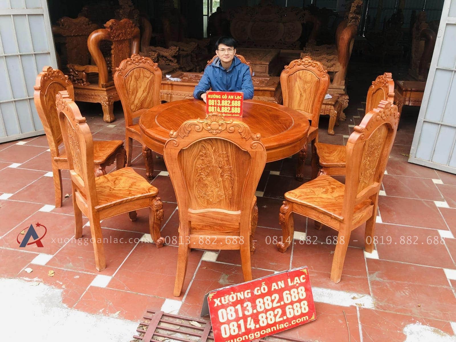 Bộ bàn ăn tròn 8 ghế gỗ hương đá chọn vân siêu Vip (Chị Nga, Hà Nội) 14 bộ bàn ăn tròn 8 ghế gỗ hương đá hàng vip