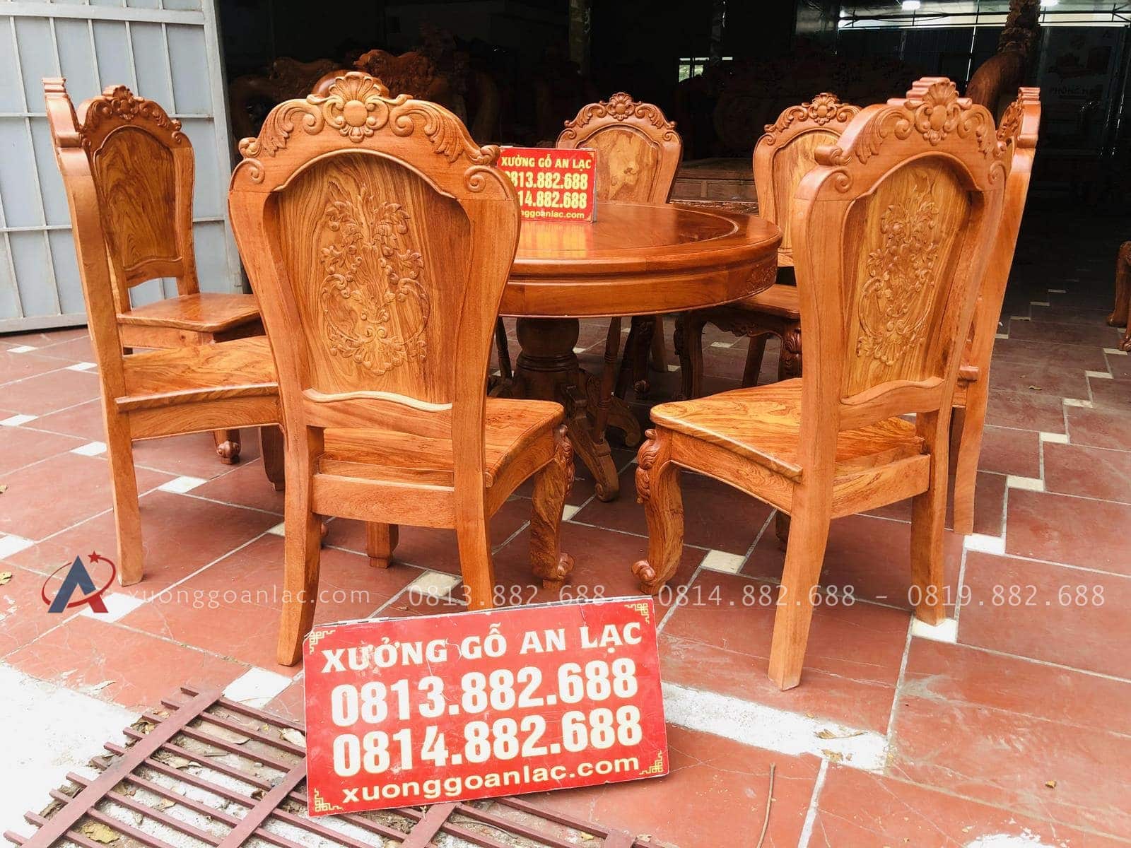 Bộ bàn ăn tròn 8 ghế gỗ hương đá chọn vân siêu Vip (Chị Nga, Hà Nội) 15 mẫu bàn ăn cao cấp đục 2 mặt