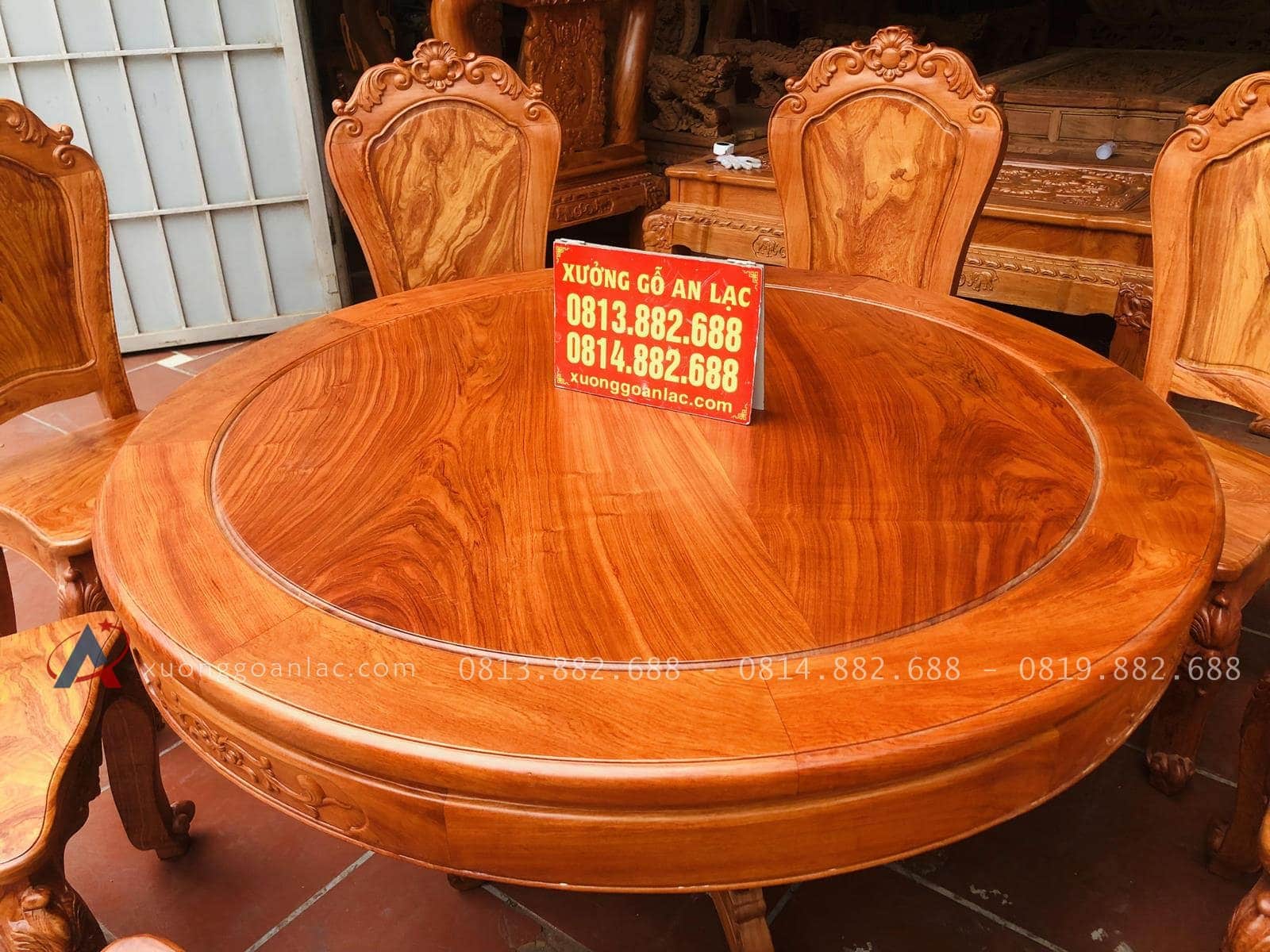 Bộ bàn ăn tròn 8 ghế gỗ hương đá chọn vân siêu Vip (Chị Nga, Hà Nội) 16 mặt bàn tròn khung ván gỗ hương đá