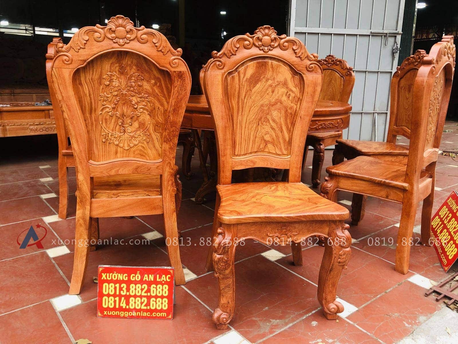 Bộ bàn ăn tròn 8 ghế gỗ hương đá chọn vân siêu Vip (Chị Nga, Hà Nội) 17 ghế ăn lưng cao đục vòm hoa lá tây