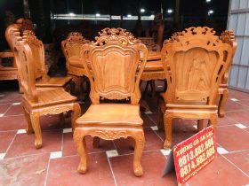 Bộ bàn ăn tròn xoay 1m55 với 8 ghế louis gỗ gõ đỏ (Anh Quyết, Thái Bình) 12 ghế ăn louis hoàng gia tân cổ điển