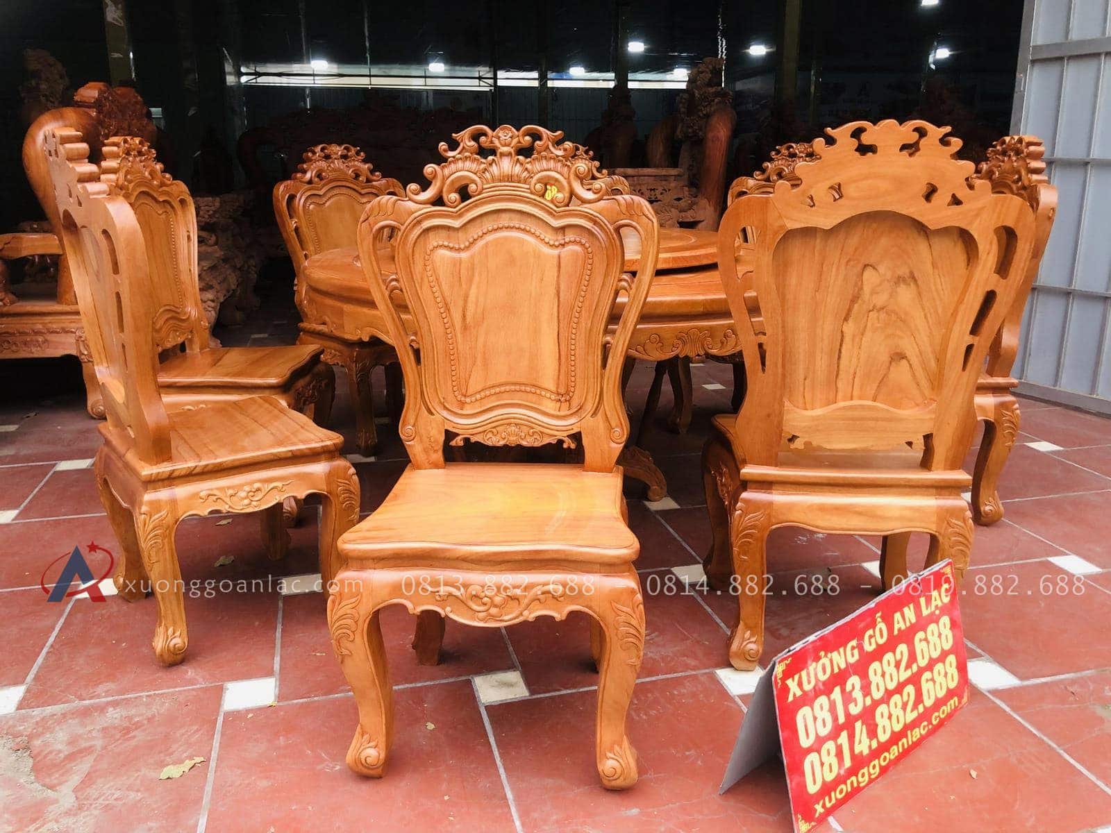 Bộ bàn ăn tròn xoay 1m55 với 8 ghế louis gỗ gõ đỏ (Anh Quyết, Thái Bình) 21 ghế ăn louis hoàng gia tân cổ điển