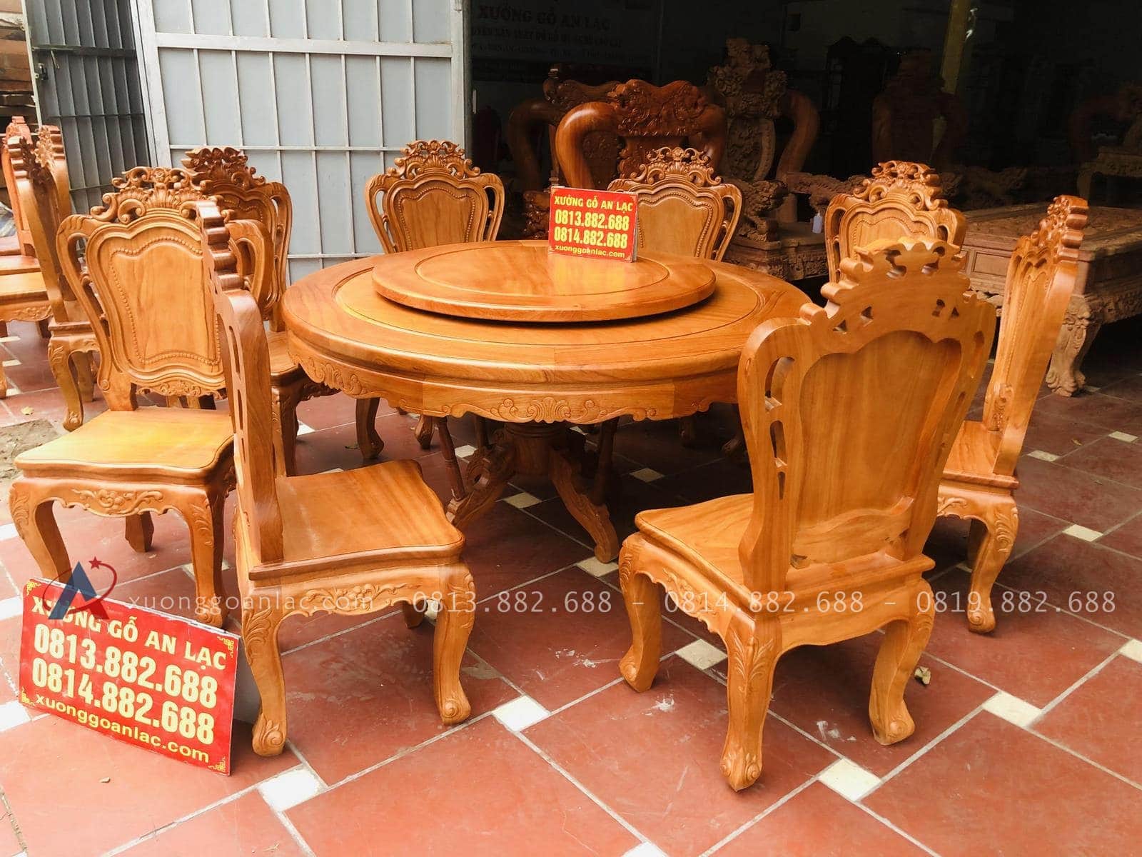 Bộ bàn ăn tròn xoay 1m55 với 8 ghế louis gỗ gõ đỏ (Anh Quyết, Thái Bình) 26 bộ bàn ghế ăn gỗ hương đá 8 ghế