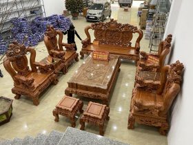 bàn ghế minh quốc nghê gỗ hương đá 10 món cột 16