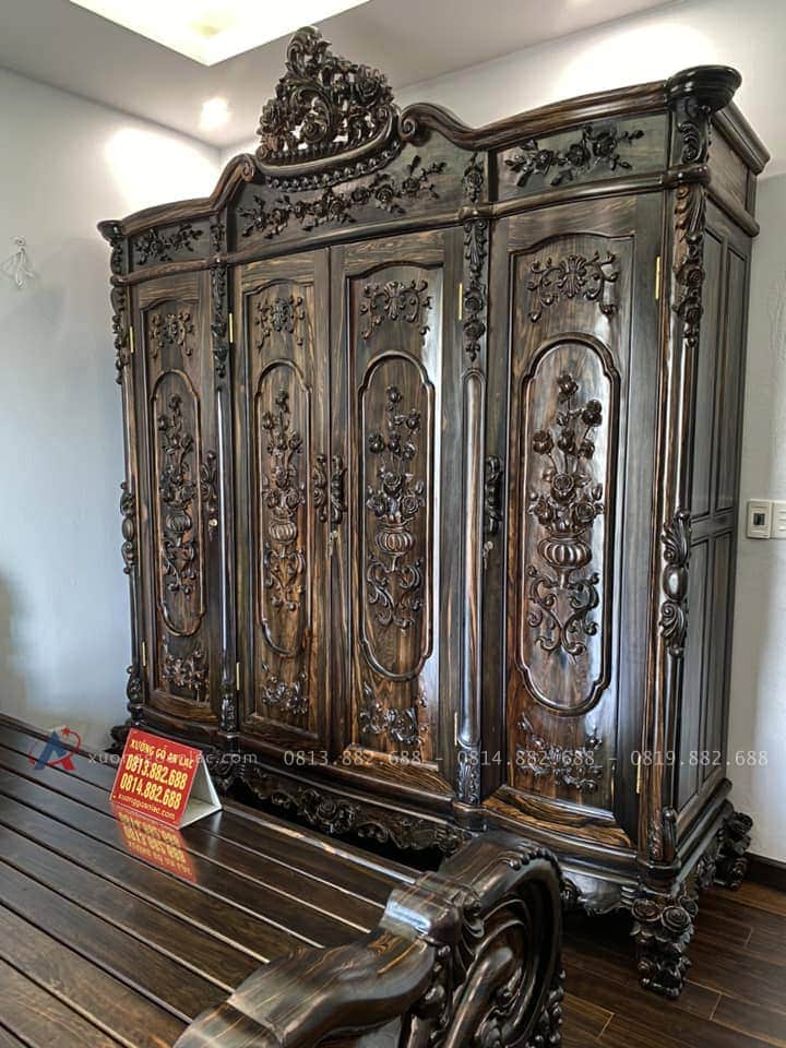 Combo Nội Thất Phòng Ngủ Full Món Gỗ Mun Hoa Lào Quý Hiếm 35 tủ quần áo 3 buồng 4 cánh