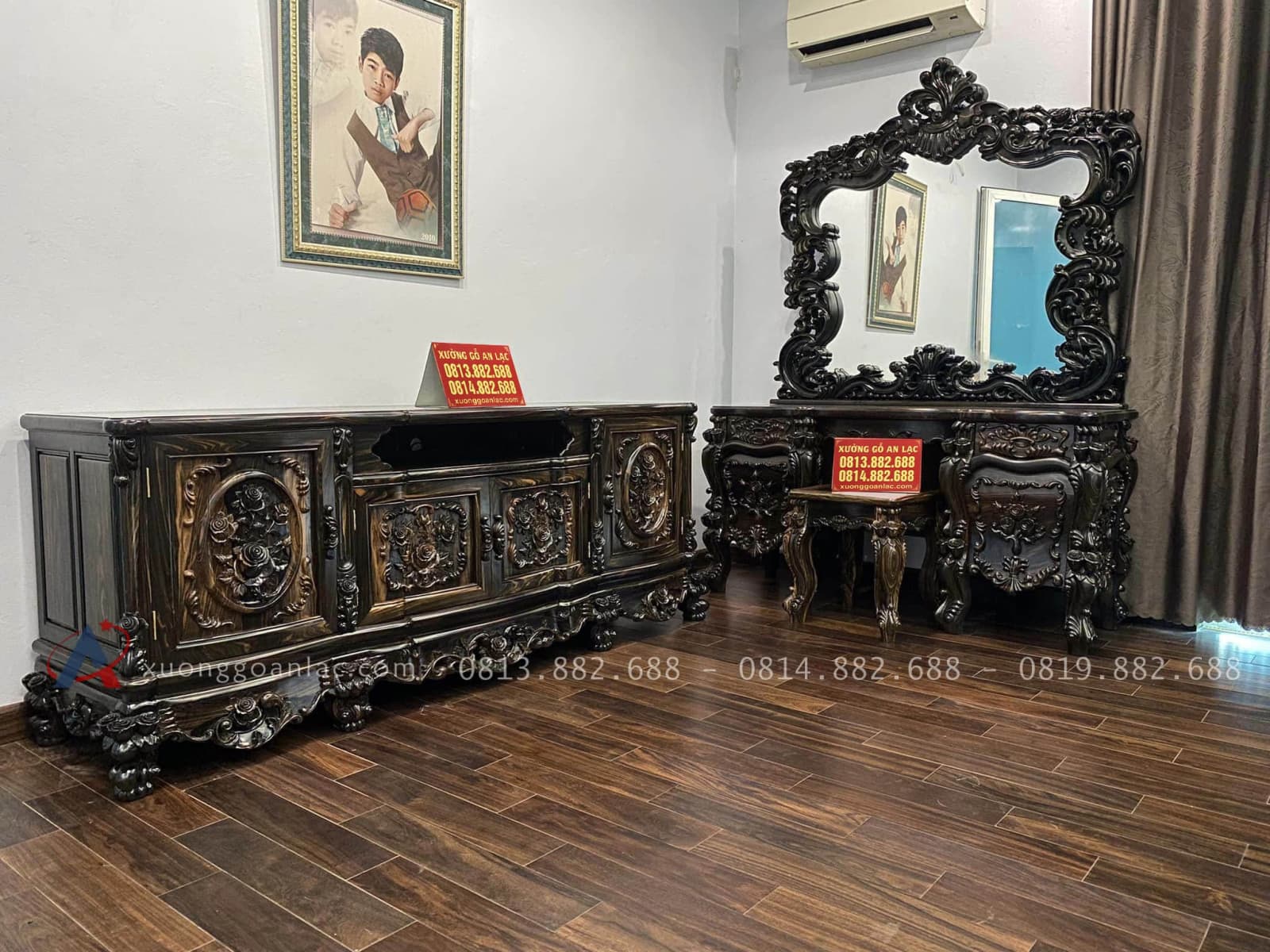 Combo Nội Thất Phòng Ngủ Full Món Gỗ Mun Hoa Lào Quý Hiếm 36 kệ tivi và bàn phấn gỗ mun hoa Lào cao cấp