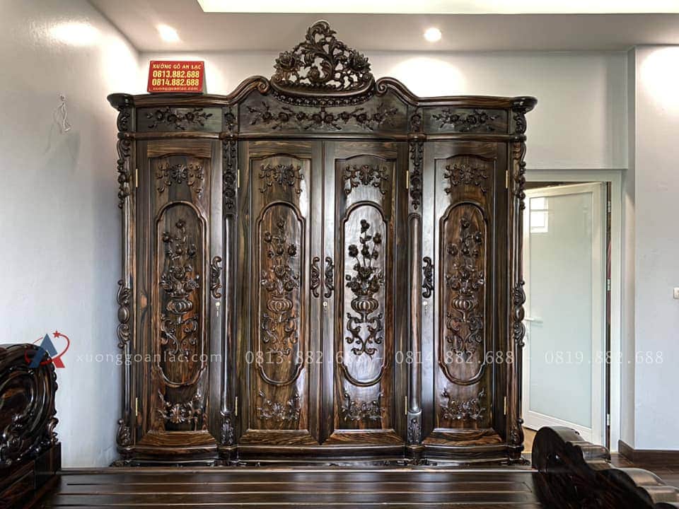 Combo Nội Thất Phòng Ngủ Full Món Gỗ Mun Hoa Lào Quý Hiếm 34 tủ quần áo louis hoàng gia 4 cánh