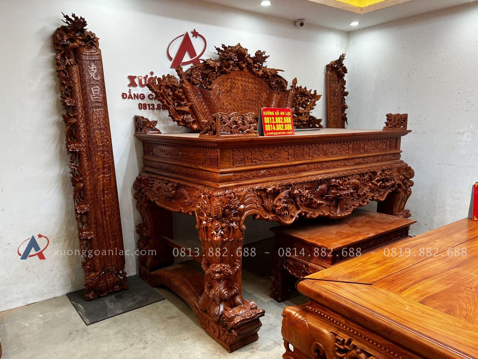 Combo sập quây, sập thờ gỗ hương đá và bàn ăn gỗ gõ đỏ hàng cao cấp (Bác Cường, Hưng Yên) 41 thiết kế chân đế nghê độc đáo
