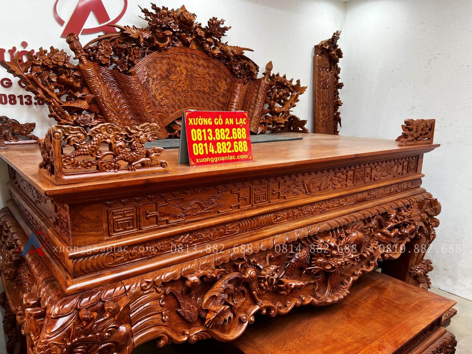 Combo sập quây, sập thờ gỗ hương đá và bàn ăn gỗ gõ đỏ hàng cao cấp (Bác Cường, Hưng Yên) 42 dạ sập đục hình tượng rồng tinh xảo