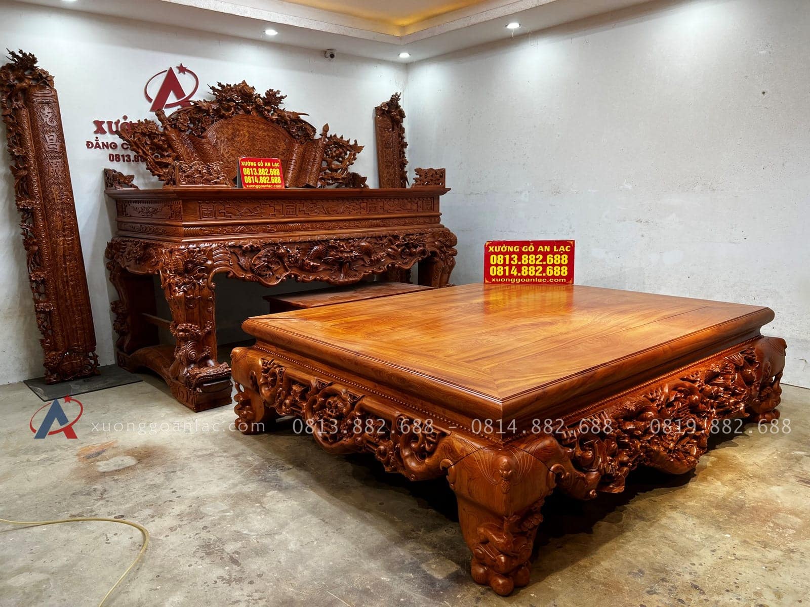 Combo sập quây, sập thờ gỗ hương đá và bàn ăn gỗ gõ đỏ hàng cao cấp (Bác Cường, Hưng Yên) 50 bộ đôi sập quây và sập ngồi gỗ hương đá