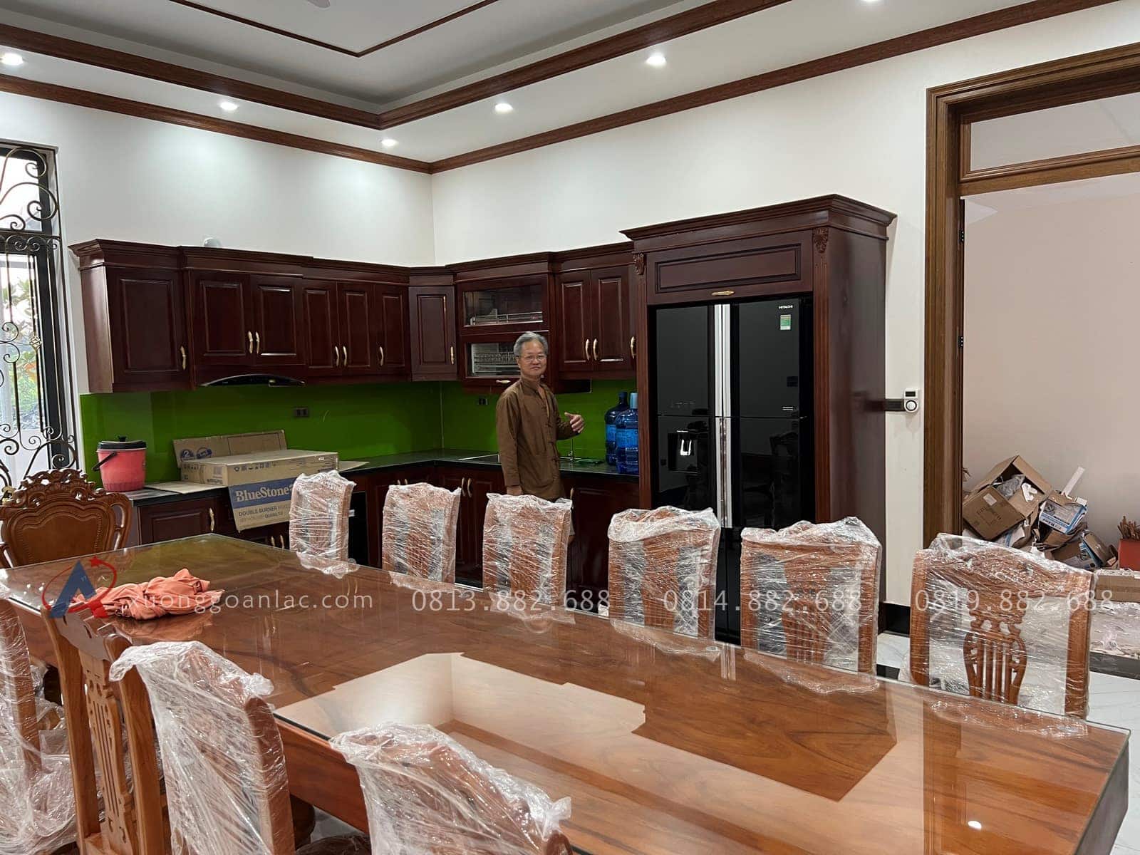 Combo sập quây, sập thờ gỗ hương đá và bàn ăn gỗ gõ đỏ hàng cao cấp (Bác Cường, Hưng Yên) 53 bàn ăn 12 ghế cây đàn