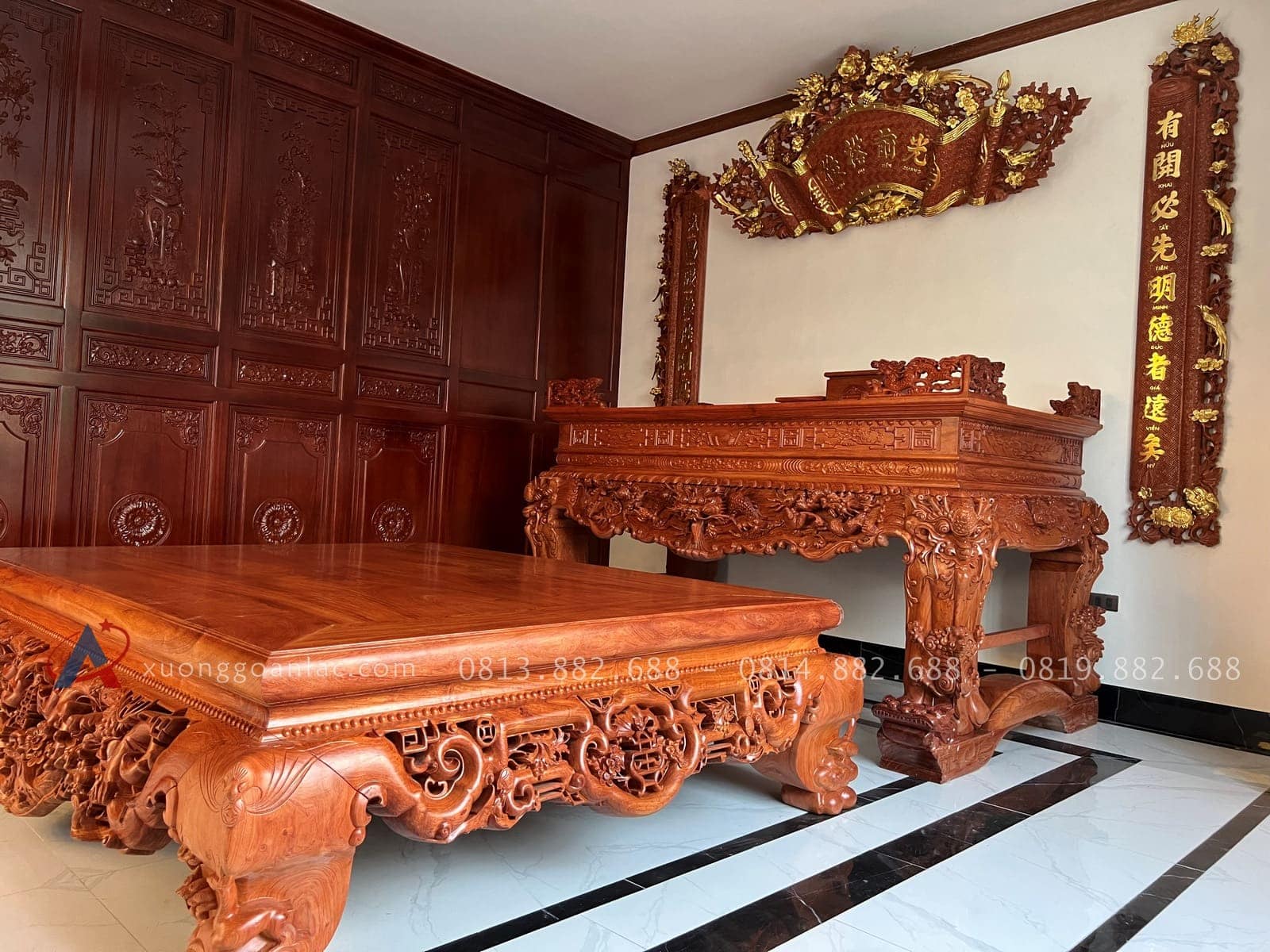 Combo sập quây, sập thờ gỗ hương đá và bàn ăn gỗ gõ đỏ hàng cao cấp (Bác Cường, Hưng Yên) 38 sập thờ và sập quây gỗ hương đá