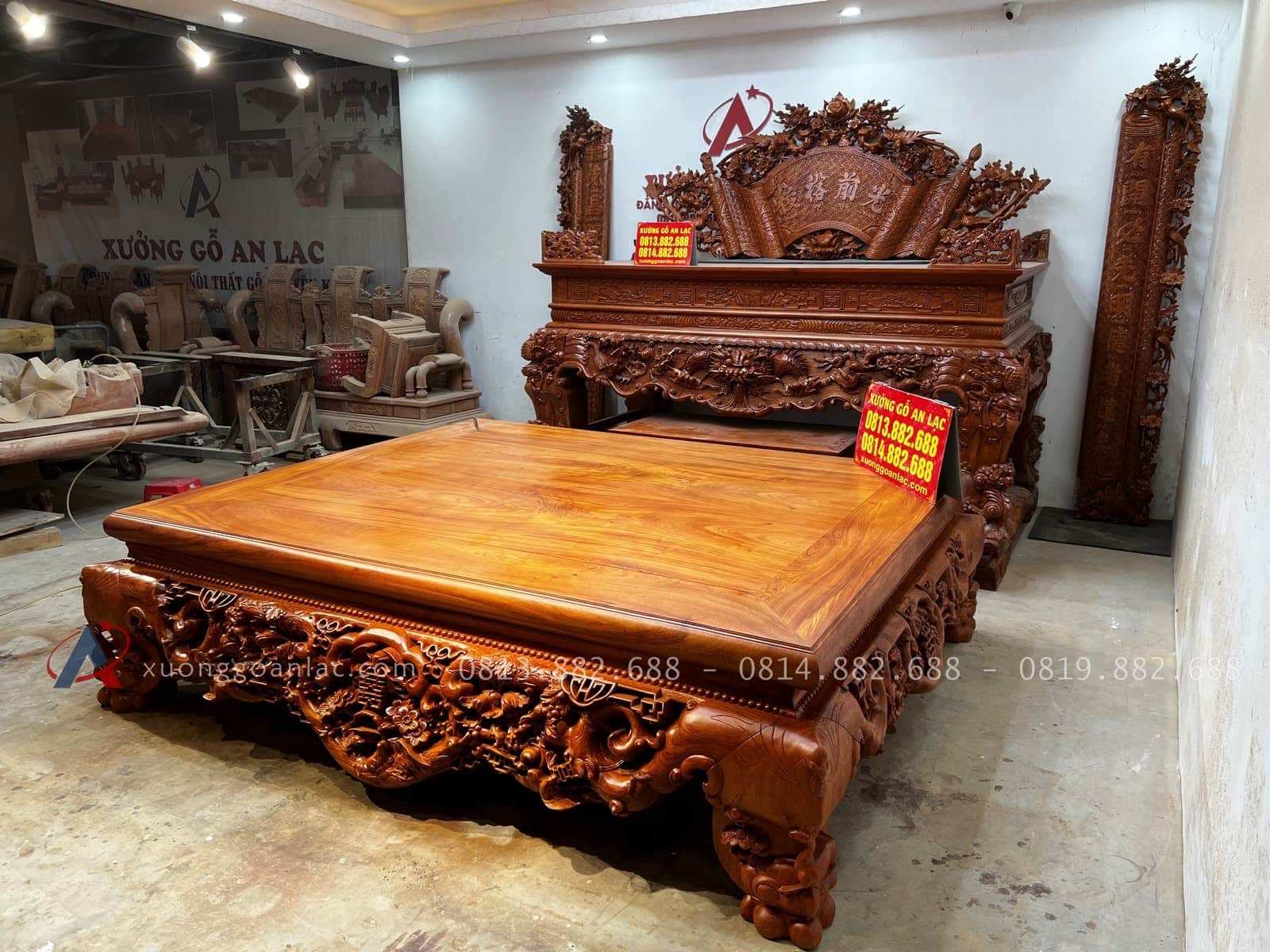 Combo sập quây, sập thờ gỗ hương đá và bàn ăn gỗ gõ đỏ hàng cao cấp (Bác Cường, Hưng Yên) 45 mẫu sập ngồi siêu víp hàng đục tay