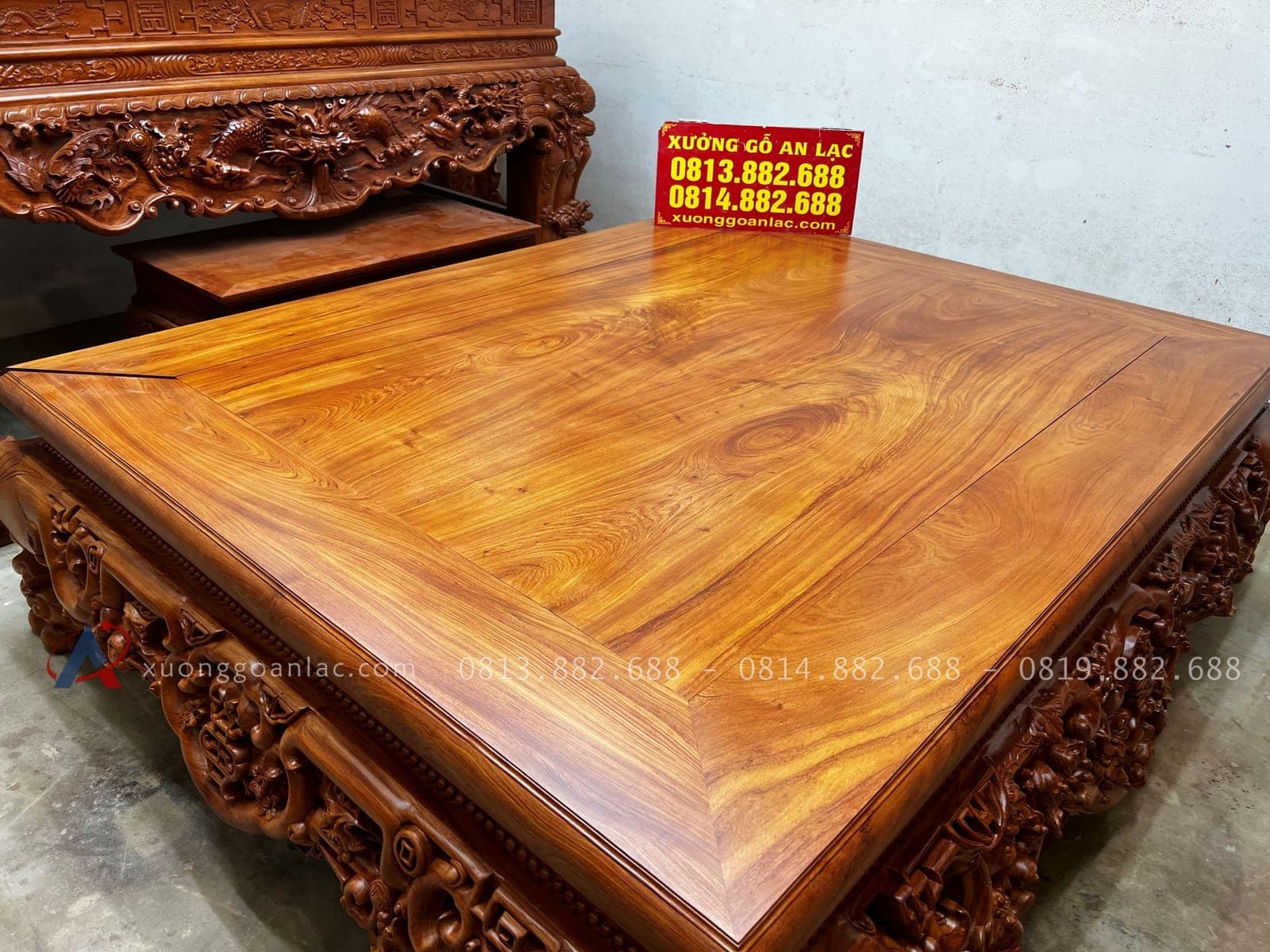 Combo sập quây, sập thờ gỗ hương đá và bàn ăn gỗ gõ đỏ hàng cao cấp (Bác Cường, Hưng Yên) 46 Mặt sập 2 lá khung tranh
