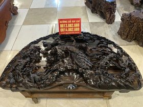 tranh quạt phu thê viên mãn gỗ mun hoa Lào