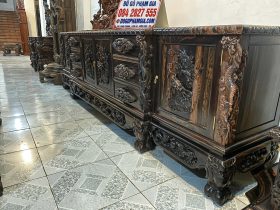 Mẫu Kệ Tivi Chạm Rồng 2m4 Gỗ Mun Hoa Lào Hàng Đục Tay Cực Phẩm (Chú Dược, Bắc Ninh) 10 mẫu kệ tivi đục tay họa tiết rồng lân độc đáo