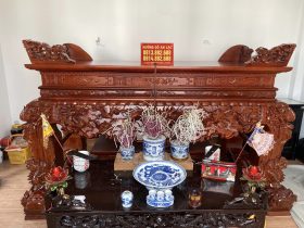 sập thờ tứ linh gỗ gụ chân 24 hàng đục tay