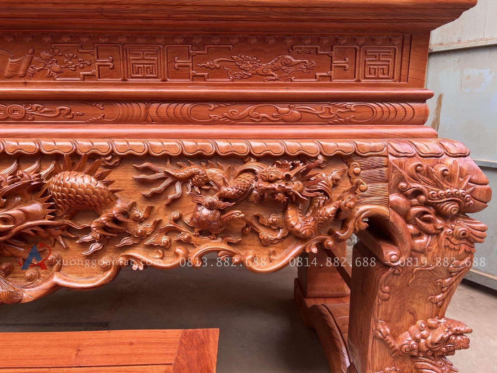 Sập thờ gỗ hương đá chân 25 (bác Cường - Hưng Yên) 28 góc dạ đục hình tượng tứ linh
