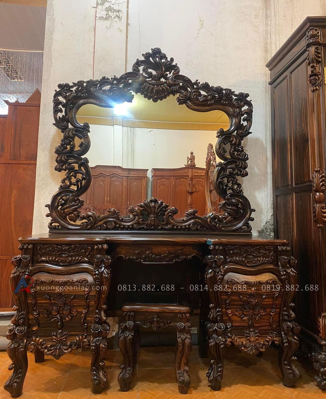 Siêu Phẩm Bàn Trang Điểm Gỗ Mun Hoa Lào Louis Hoàng Gia Tân Cổ Điển 20 bàn trang điểm louis hoàng gia gỗ mun hoa