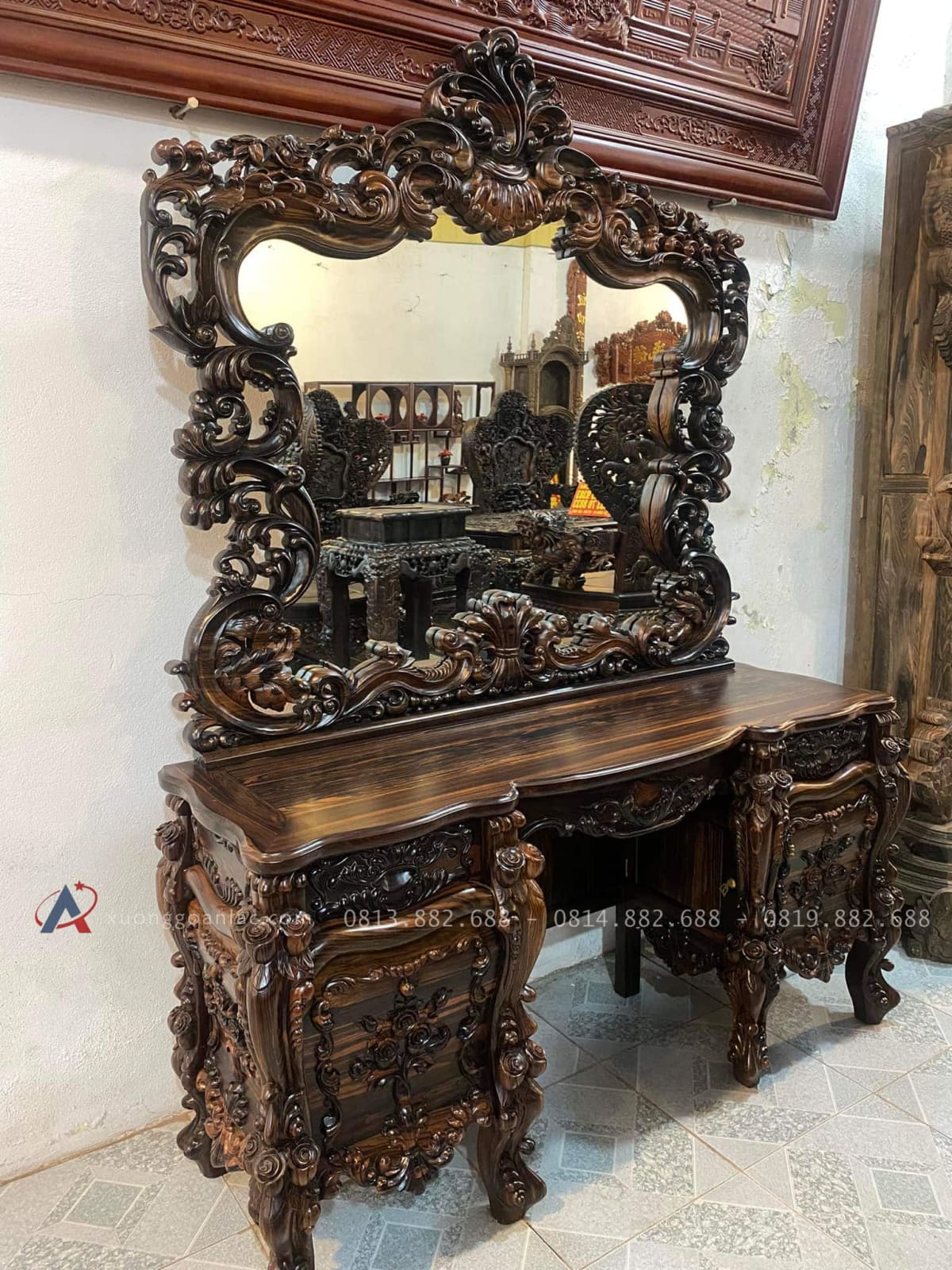 Siêu Phẩm Bàn Trang Điểm Gỗ Mun Hoa Lào Louis Hoàng Gia Tân Cổ Điển 21 mẫu bàn phấn gỗ mun hoa Lào cao cấp