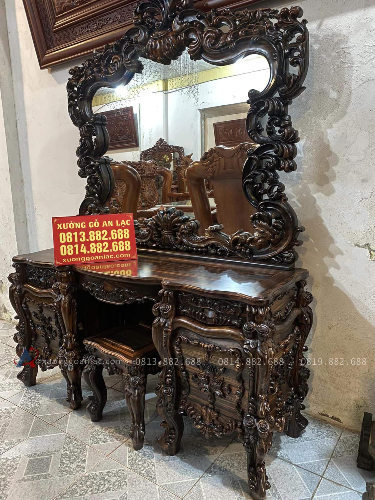Siêu Phẩm Bàn Trang Điểm Gỗ Mun Hoa Lào Louis Hoàng Gia Tân Cổ Điển 22 bàn phấn louis hoàng gia