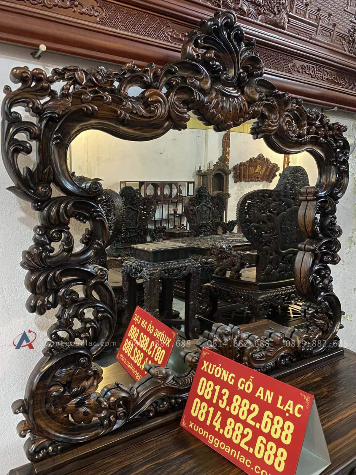 Siêu Phẩm Bàn Trang Điểm Gỗ Mun Hoa Lào Louis Hoàng Gia Tân Cổ Điển 23 thiết kế khung gương độc đáo đục hoa lá tây