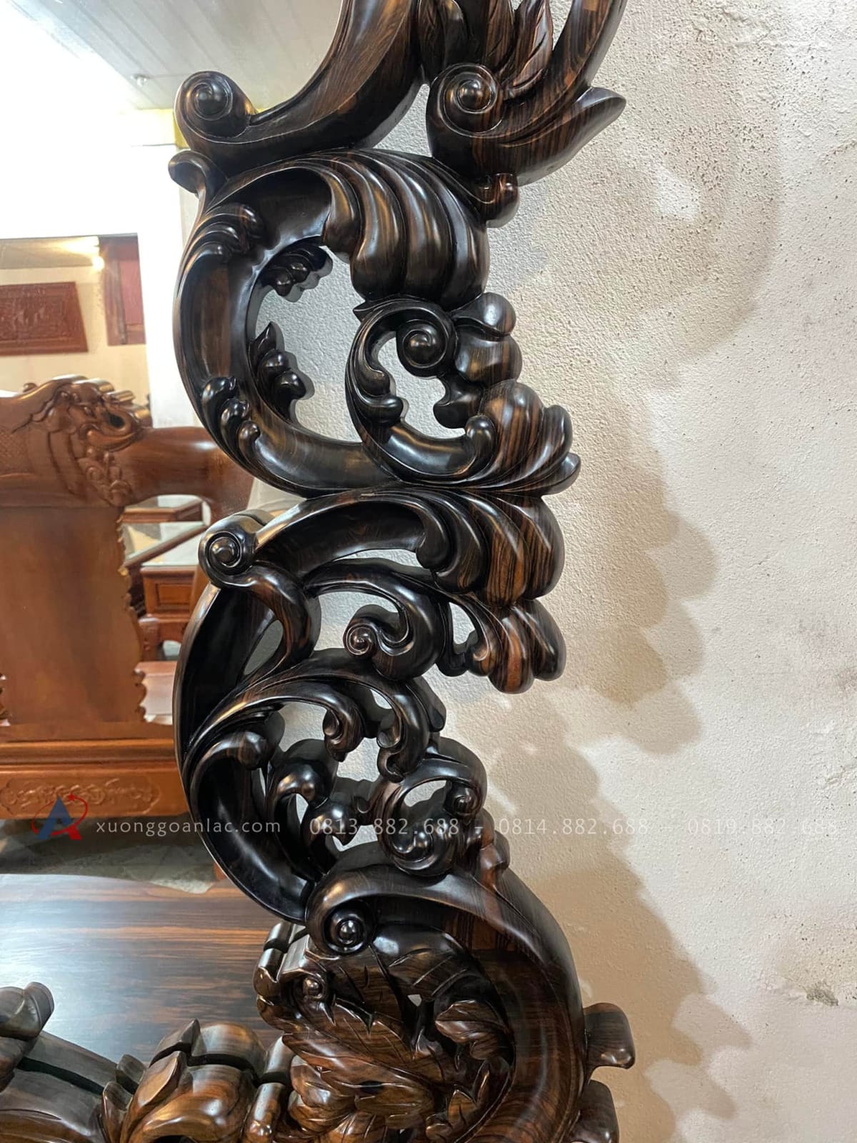 Siêu Phẩm Bàn Trang Điểm Gỗ Mun Hoa Lào Louis Hoàng Gia Tân Cổ Điển 25 khung gương đục hoa lá tây uốn lượn