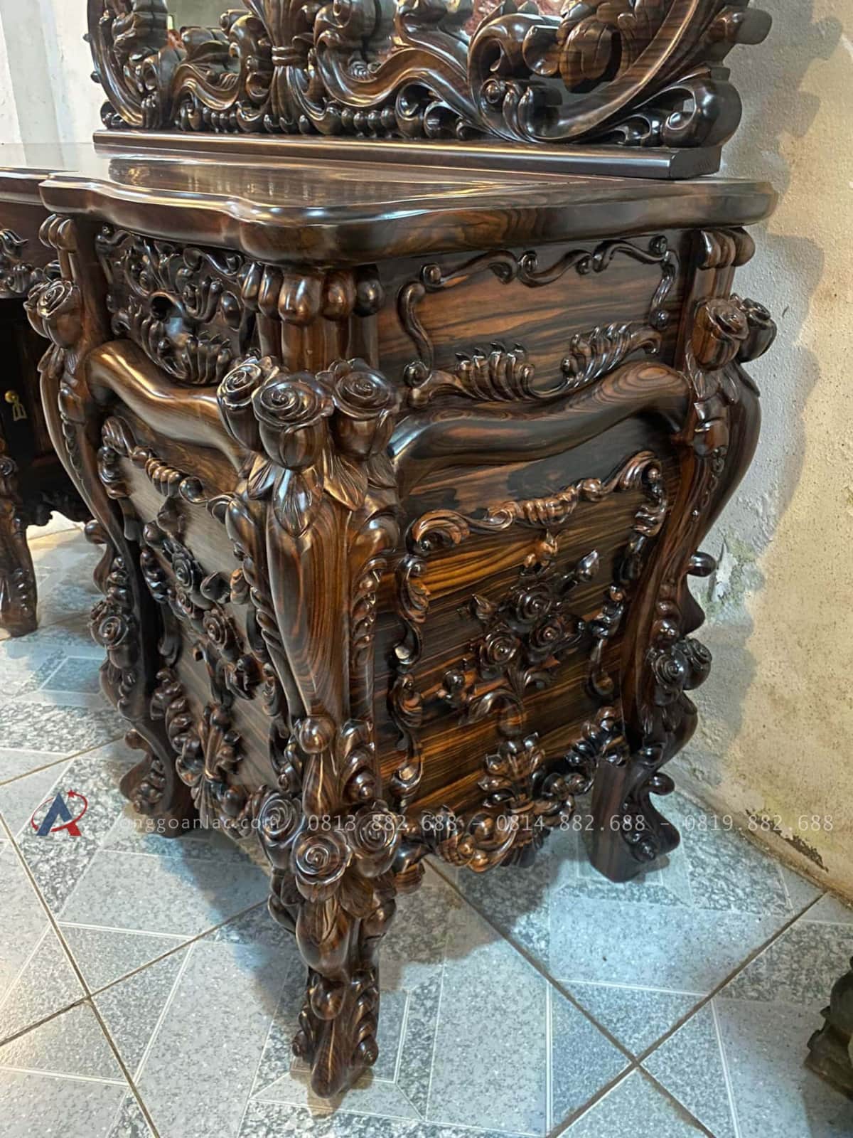Siêu Phẩm Bàn Trang Điểm Gỗ Mun Hoa Lào Louis Hoàng Gia Tân Cổ Điển 27 hồi tủ đục hoa hồng lá tây