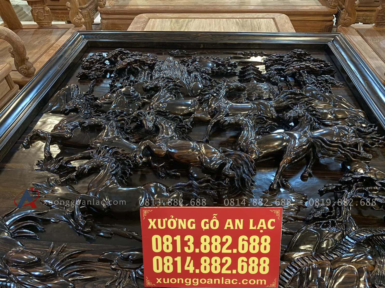 Siêu Phẩm Tranh Phong Thủy Mẫu Mã Đáo Thành Công Gỗ Mun Hoa Lào Đục Tay Hàng Vip 19 tranh bát mã hàng đục tay