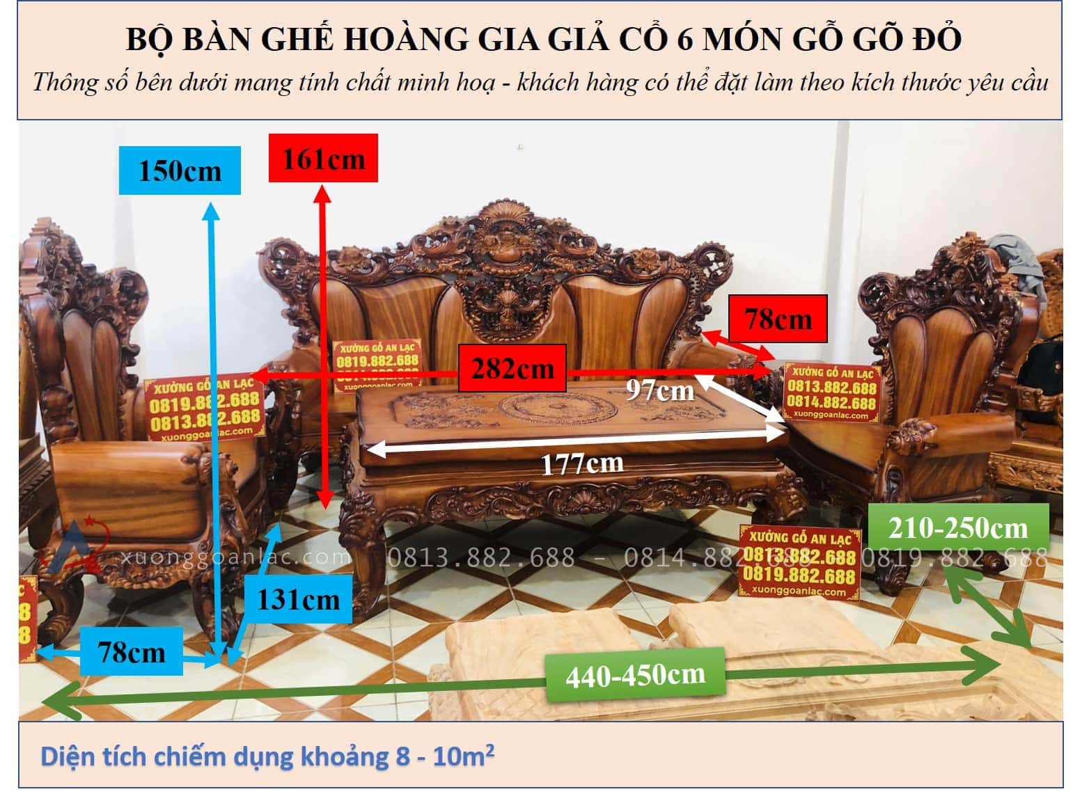 Bộ bàn ghế hoàng gia 6 món gỗ gõ đỏ cao cấp (Anh Tâm, Hòa Bình) 43 KÍCH THƯỚC BỘ BÀN GHẾ HOÀNG GIA GIẢ CỔ 6 MÓN GỖ GÕ ĐỎ
