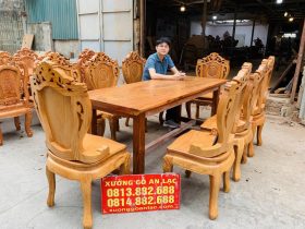 bộ bàn ăn gỗ gõ đỏ 8 ghế louis