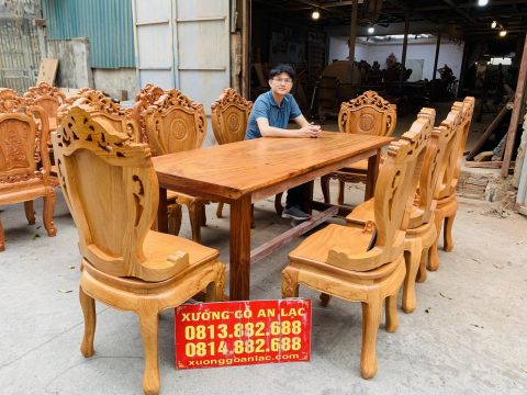 bộ bàn ăn gỗ gõ đỏ 8 ghế louis