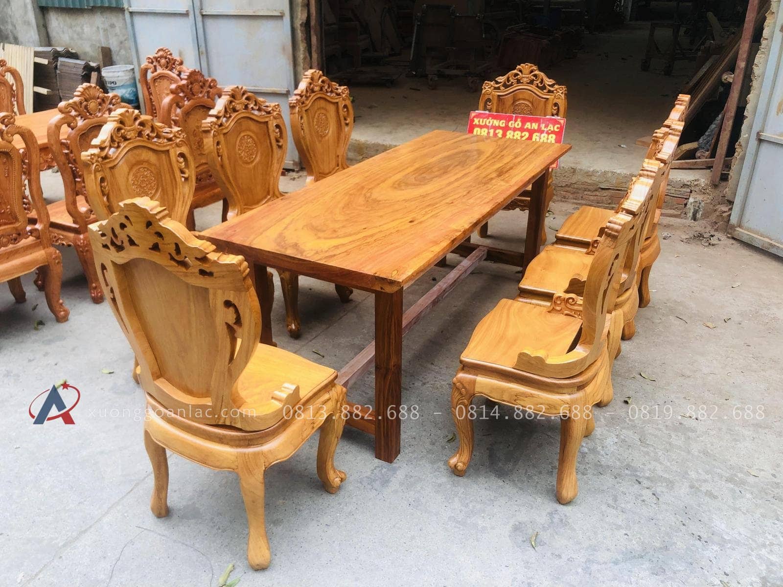 Bộ bàn ăn gỗ cẩm đá 8 ghế louis gỗ gõ đỏ (Chị Dung, Nam Định) 27 bàn ghế ăn phun sơn PU bóng mờ cao cấp