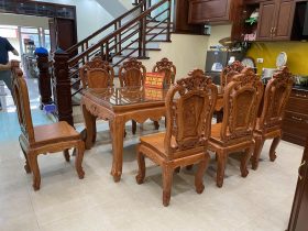 bàn ghế hoàng gia 8 ghế louis gỗ hương đá