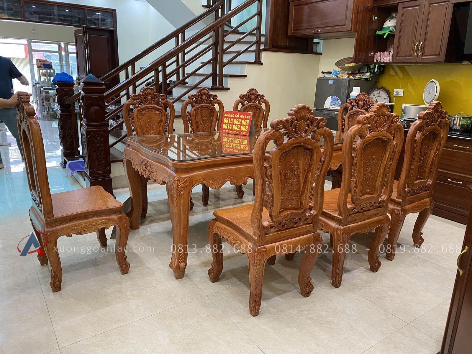Bộ bàn ăn hoàng gia 8 ghế hồng hạt đục 2 mặt gỗ hương đá hàng Vip (Anh Nghị, Hà Nam) 22 bàn ghế hoàng gia 8 ghế louis gỗ hương đá