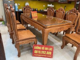 Bộ bàn ăn hoàng gia 8 ghế hồng hạt đục 2 mặt gỗ hương đá hàng Vip (Anh Nghị, Hà Nam) 18 bàn ghế ăn gỗ hương đá siêu vân
