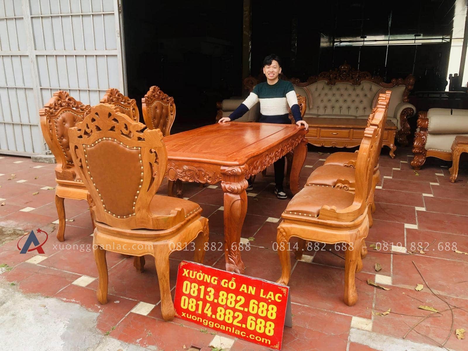 Bộ bàn ăn hoàng gia 8 ghế louis bọc đệm gỗ hương đá (Chú Cơ, Gia Lai) 13 mẫu bàn ăn louis hoàng gia