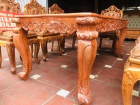 Bộ bàn ăn hoàng gia 8 ghế louis bọc đệm gỗ hương đá (Chú Cơ, Gia Lai) 10 yếm và chân bàn đục hoa lá tây