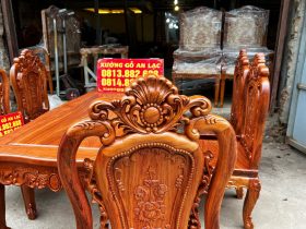 Bộ bàn ăn hoàng gia gỗ hương đá K4V2 6 ghế hồng hạt (Chị Liễu, Vĩnh Phúc) 20 đỉnh chương đục hoa lá tây