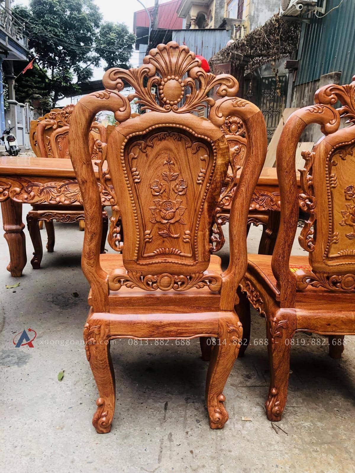Bộ bàn ăn hoàng gia hương đá 6 ghế hồng hạt sang trọng (Cô Kim, Tp.Hải Phòng) 32 mặt sau của ghế ăn louis