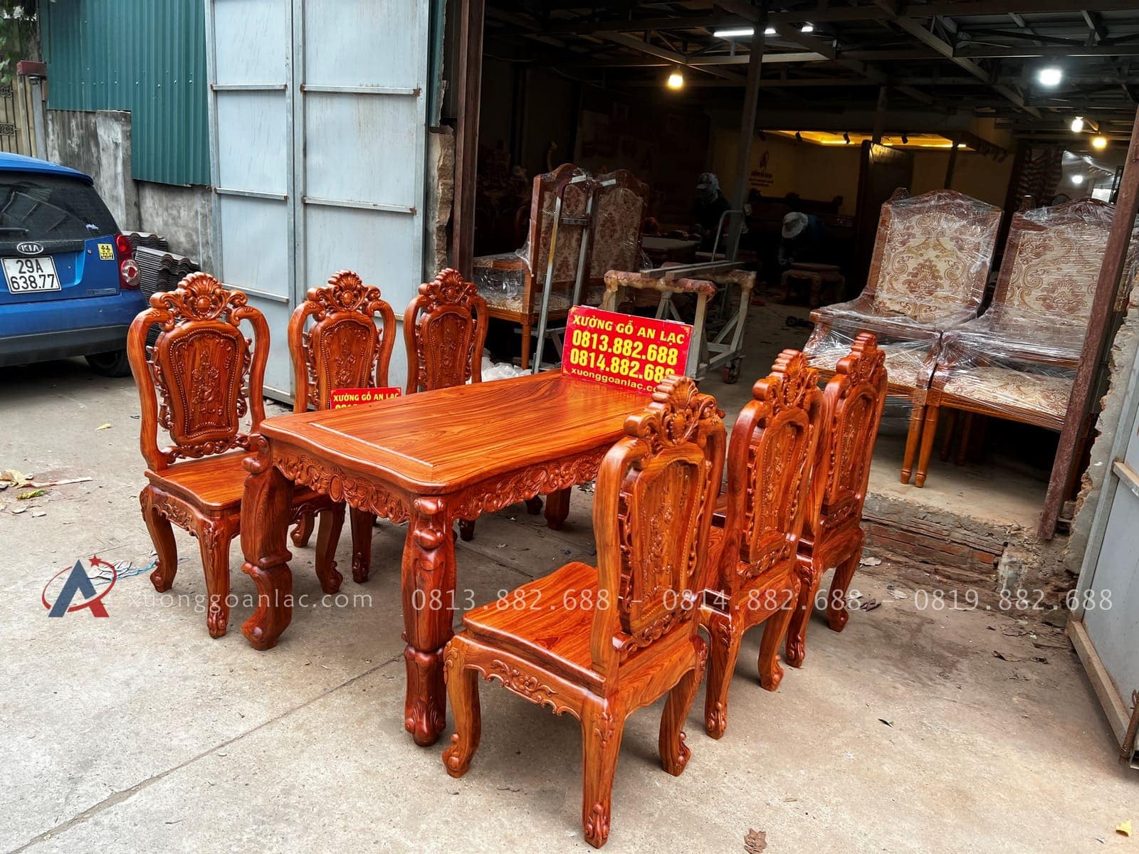Bộ bàn ăn hoàng gia gỗ hương đá K4V2 6 ghế hồng hạt (Chị Liễu, Vĩnh Phúc) 23 bộ bàn ăn 6 ghế louis hoàng gia
