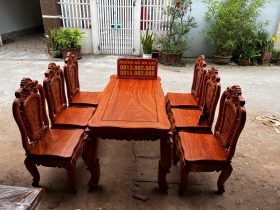 Bộ bàn ăn hoàng gia gỗ hương đá K4V2 6 ghế hồng hạt (Chị Liễu, Vĩnh Phúc) 14 bàn ăn chữ nhật 6 ghế louis