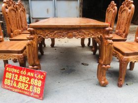 Bộ bàn ăn hoàng gia hương đá 6 ghế hồng hạt sang trọng (Cô Kim, Tp.Hải Phòng) 16 hệ chân bàn 12p đục kênh bong