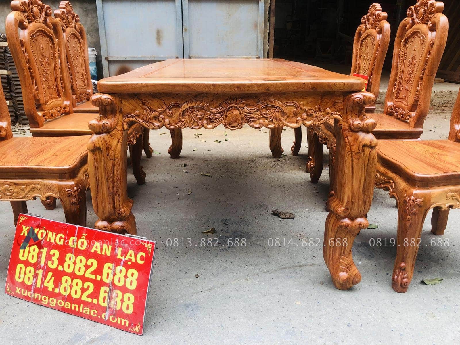 Bộ bàn ăn hoàng gia hương đá 6 ghế hồng hạt sang trọng (Cô Kim, Tp.Hải Phòng) 27 hệ chân bàn 12p đục kênh bong