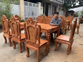 Bộ bàn ăn hoàng gia hương đá 8 ghế hồng hạt (Chị Ngân, Cao Bằng) 9 bàn ghế ăn louis hoàng gia