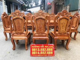 Bộ bàn ăn hoàng gia hương đá 8 ghế hồng hạt (Chị Ngân, Cao Bằng) 10 bàn ăn gỗ hương đá đục 2 mặt