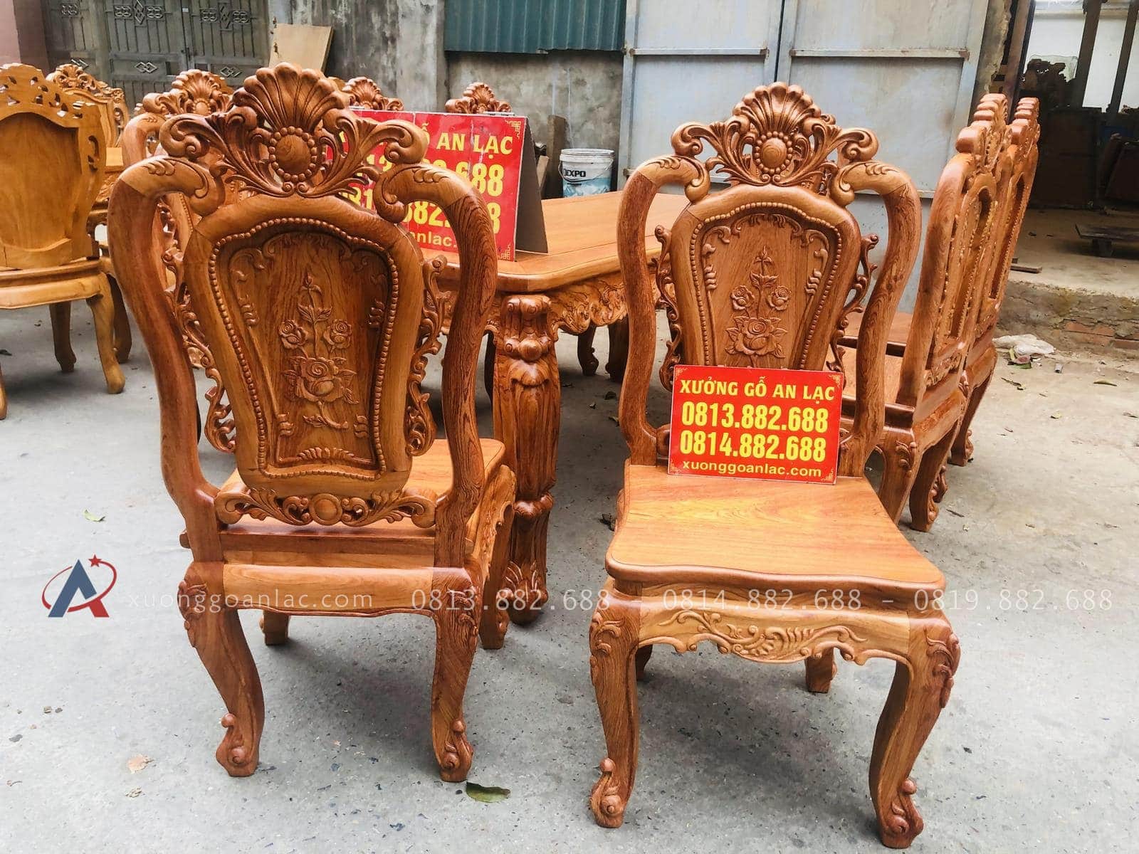 Bộ bàn ăn hoàng gia hương đá 8 ghế hồng hạt (Chị Ngân, Cao Bằng) 20 mẫu ghế louis hồng hạt gỗ hương đá