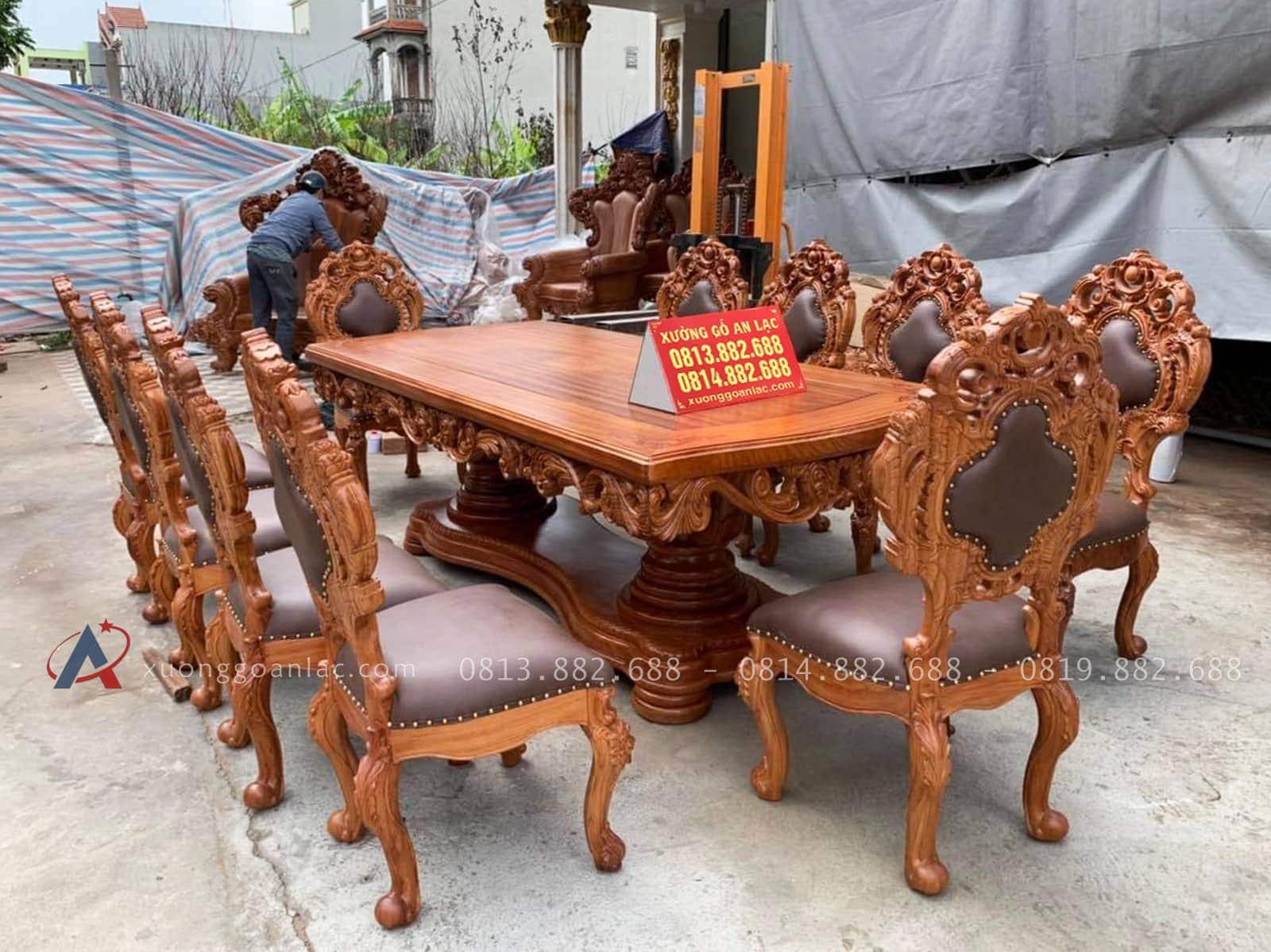 Bộ bàn ăn hoàng Gia vip 10 ghế gỗ gõ đỏ (Chị Thêu - Đắk Lắk) 10 bàn ăn hoàng gia gỗ gõ đỏ